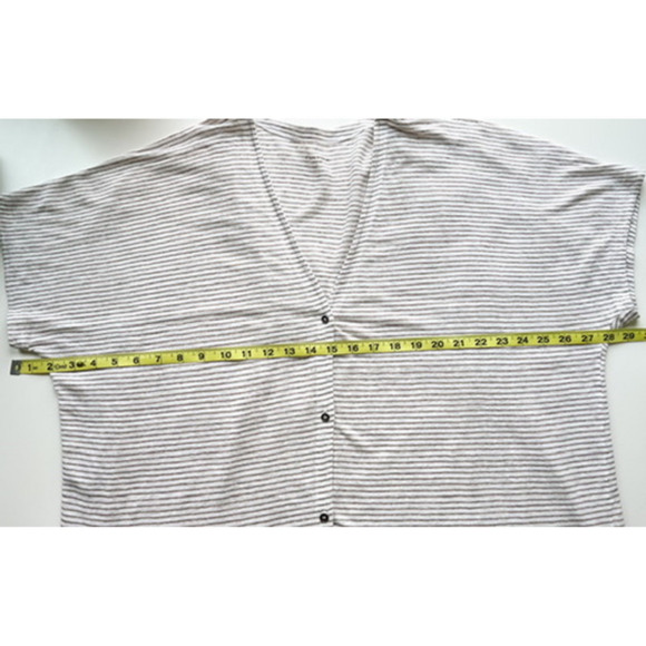 Eileen Fisher Linen Short Sleeve V Neck Cardigan Cream Taupe Stripe Womens Large - Picture 2 of 10